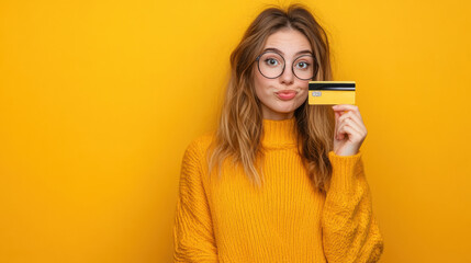 Fototapeta premium Woman holding a credit card against a bright yellow background indoors