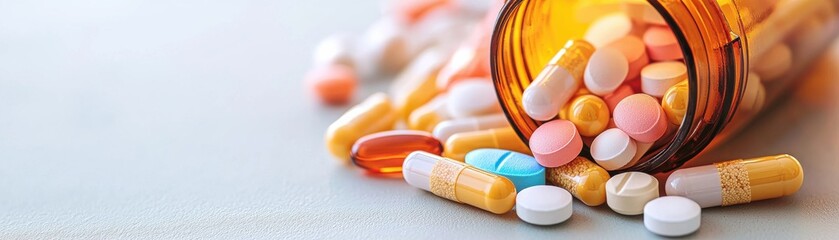 Colorful pills scattered next to a prescription bottle on a smooth surface, representing healthcare and medication.