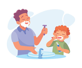 Man Parent with His Son Shaving and Brush Teeth as Home Activity Vector Illustration