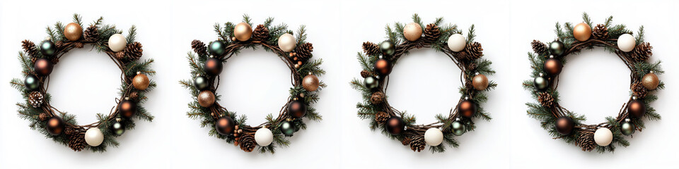 Festive Christmas wreaths with pine cones and ornaments, perfect for holiday decoration and DIY crafts. Set of four rustic wreaths.