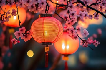 Fototapeta premium Festive lunar new year event showcasing lanterns and cherry trees, including a special space for personal messages in the backdrop