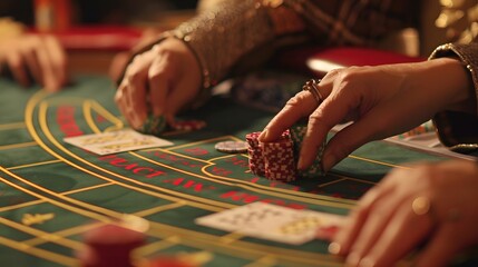 Placing Chips on Baccarat Table: Hands placing chips on a baccarat table, cards dealt and bets being placed.
