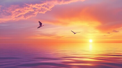 A vibrant sunset over a calm ocean, with a seagull flying overhead