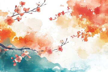 Obraz premium Watercolor backdrop artwork for lunar new year. Asian festival design ideal for enhancing text and product images. Excellent layout for marketing banners, covers, and invitations