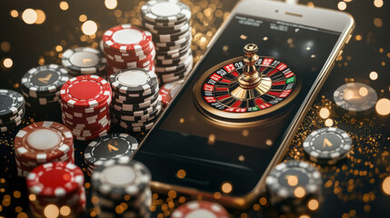 Smartphone displaying roulette game among casino chips at night