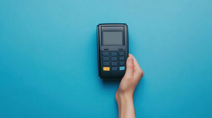 Hand holding a payment terminal on a blue background