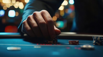 A hand placing poker chips on a casino table during a lively game night