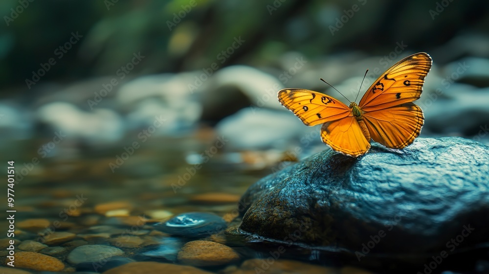 Canvas Prints beautiful orange butterfly on rock at creek in forest refreshing pure nature environmental reservation concept