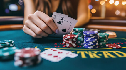 Player holding playing cards while gambling at a casino table