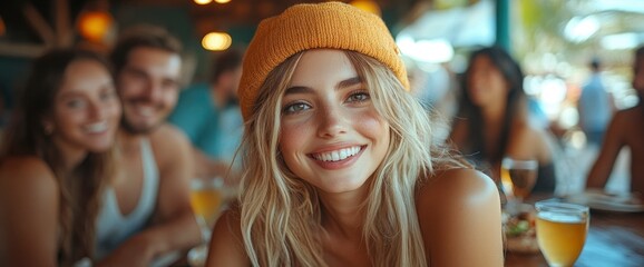 Obraz premium Happy woman in yellow beanie smiles at the camera while sitting with friends at a cafe