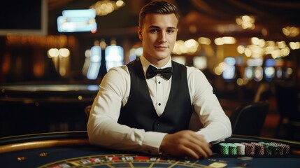 Young dealer at a roulette table in a lively casino during nighttime