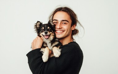 Dog lover holding their dog, smiling, white background, isolate