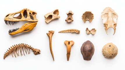 Fototapeta premium Assorted Dinosaur Fossils and Bone Fragments on White Background