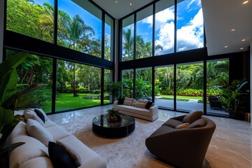 Fototapeta premium A living room with floor-to-ceiling windows, overlooking a lush garden, filled with natural light and greenery
