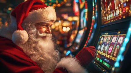 Santa Claus playing a slot machine during the festive holiday season