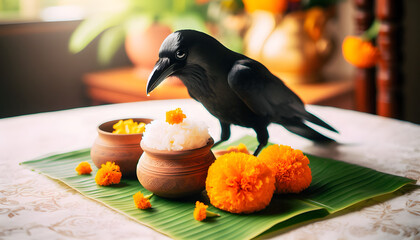 A crow eats rice offerings during the Pitru Paksha ritual, representing ancestral feeding.