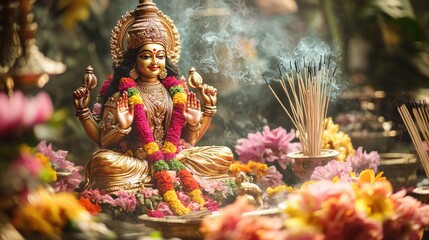 Goddess Lakshmi idol surrounded by colorful flowers and incense sticks