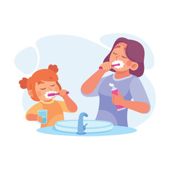 Woman Parent with Her Daughter Brushing Teeth as Home Activity Vector Illustration