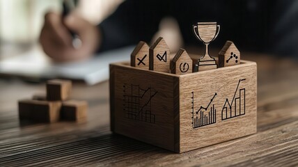 Artistic shot of a wooden box with success symbols like trophies and charts, representing business achievement Success symbols, Business growth in a box