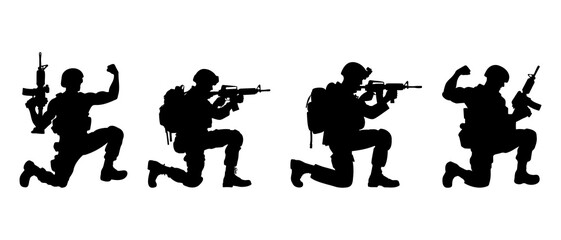 soldier shooting at kneeling position vector silhouette black filled Illustration.	