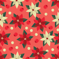 Poinsettia seamless pattern. Christmas star plants on red background. Winter floral background. Christmas decoration.