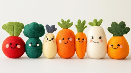 Cute healthy food vegetables toys, dolls, with happy faces, made of wool felt, white background