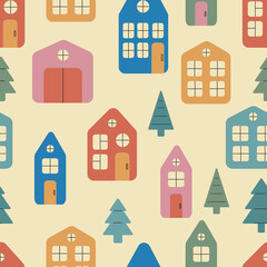 Scandinavian houses pattern. Minimalist buildings with Christmas trees on yellow background. Colourful European village.