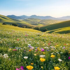 Obraz premium Scenic spring meadow with diverse flowers swaying in the breeze, set against rolling green hills. Warm sunlight and clear skies create a peaceful and idyllic nature scene.