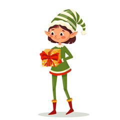 Beautiful elf girl holding gift box isolated on white background. Santa Claus little helper fun character smiling with present. Cartoon vector illustration for Christmas card, pattern, banner, sticker