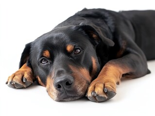 Obraz premium Emotional support dog resting peacefully, isolated on white background, focusing on companionship and therapy