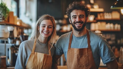 Fototapeta premium friendly baristas smiling in their aprons at a coffee shop, creating a welcoming environment for customers and coffee lovers