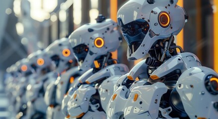 Fototapeta premium Group of artificial intelligence robots. group of cyborgs in factory