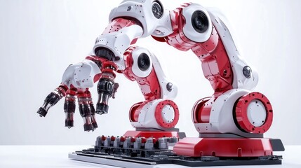 Fototapeta premium Factory robots working in automation, isolated on white background, representing advanced robotic systems and programming