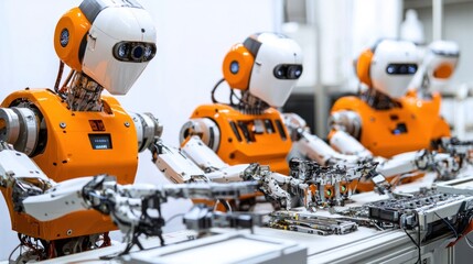Fototapeta premium Factory robots working in automation, isolated on white background, representing advanced robotic systems and programming