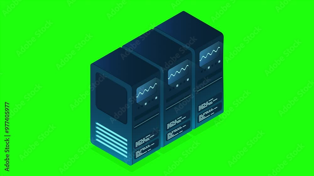 Poster isometric futuristic server animation. isometric database or data center. abstract blockchain. compu