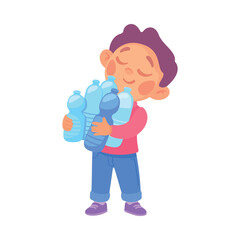 Little Boy Gather Plastic Bottles Saving Planet Vector Illustration
