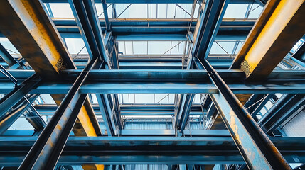 Abstract view of steel beams and metal structures in an industrial setting, representing engineering and construction strength