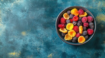 A bowl of dried mixed berries and tropical fruits, top view, with ample space for text.