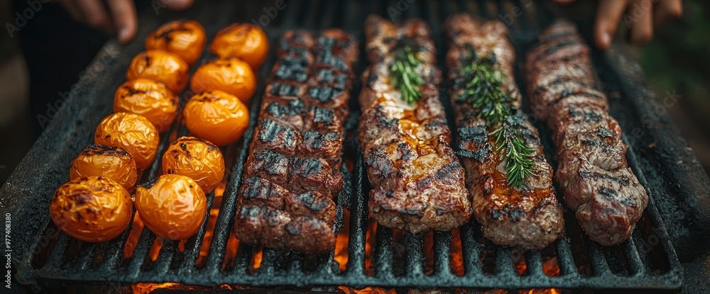 Wall mural grilled meat and tomatoes on a barbecue grill