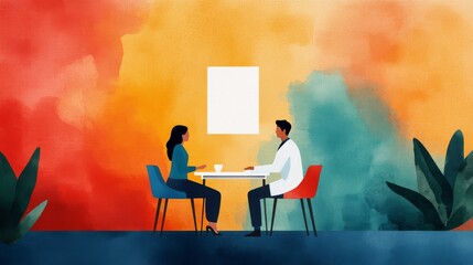 A doctor and patient engage in a dialogue at a colorful table, emphasizing health, wellness, and communication in a vibrant setting.
