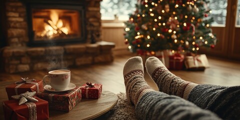 Cozy Christmas Fireplace with Wool Socks and Hot Chocolate