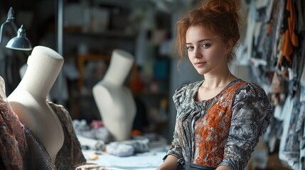 fashionable workspace featuring a young woman designer collaborating with textile samples and mannequins, showcasing her artistic vision and trends