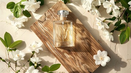 A luxurious perfume bottle, surrounded by white flowers and green leaves, light beige color, soft light, delicate details to present the fragrance through commercial advertising in a commercial advert