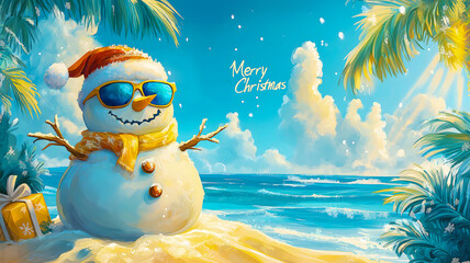 Obraz premium A positive snowman in a red Santa Claus Christmas hat and sunglasses on a sunny tropical beach. Christmas greetings for tourists from hot tourist countries