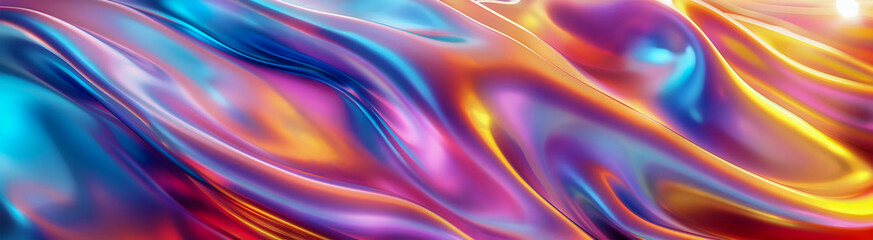 Obraz premium A soft wave of satin that creates a light effect, with a holographic texture having smooth flowing patterns, a background design in the world of fashion and digital art, a shiny surface. Banner.