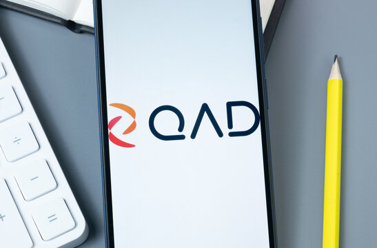 New York, USA - 30 August 2024: QAD Logo on Phone Screen, Company Icon on Display