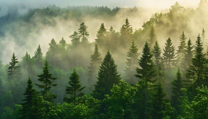 Fototapeta premium Misty mountain landscape with coniferous forest