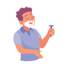 Man Character in Bathroom Shaving Enjoy Morning Routine Vector Illustration