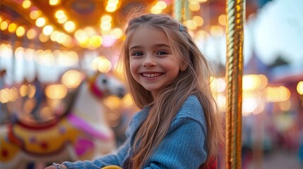 Obraz premium delightful scene of a young girl riding a colorful carousel at a lively carnival, showcasing the playful atmosphere and joyful experiences