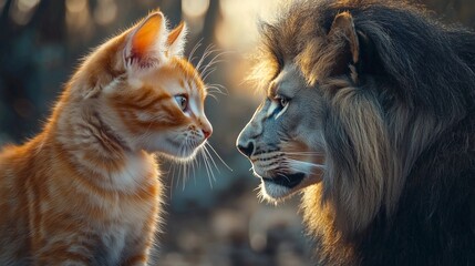 Lion and Kitten Staring Face to Face in Nature